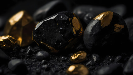 Black and gold stones. Macro photography, natural resources