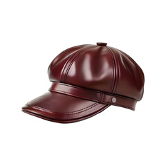 Oxblood leather flat cap with snap brim on a transparent background, PNG Format