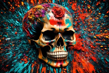 Skull with vivid paint. Spooky concept. Halloween or Santa Muerte concept. Retro future background
