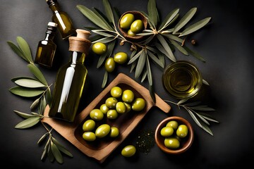Green olives, oil and leaves