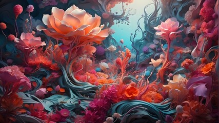A surreal landscape of otherworldly plants and flowers, their twisted forms and vivid colors creating a dreamlike atmosphere.