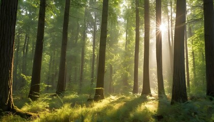 A serene forest scene with tall trees and dappled upscaled 7