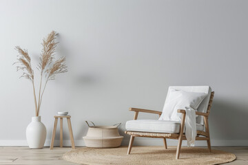 Refined minimalist interiors composition in serene colors. Copyspace for text and minimal furniture.