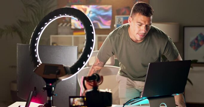 Gaming, recording and man with pc for live streaming on social media, mobile app and website. Influencer, content creator and person with ring light and camera for tutorial, broadcast and gamer vlog