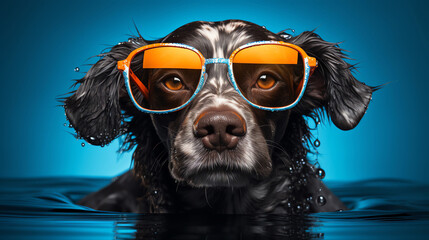 Cool Dog Swimming with Orange Sunglasses - obrazy, fototapety, plakaty