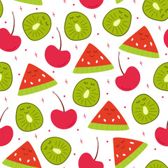 Seamless pattern of hand draw kiwi fruit and watermelon,cherry with kawaii eyes on white background.Summer green fruit backdrop. Vector illustration in flat doodle style. Cute simple design.