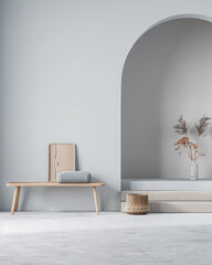 Refined minimalist interiors composition in serene colors. Copyspace for text and minimal furniture.