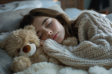 A girl is sleeping with a teddy bear.
