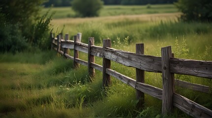 Obraz premium Old shaky wooden fence in the field overgrown with grass. Selective focus.generative.ai