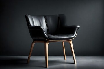 one black leather chair on solid dark gray background studio light minimalism 