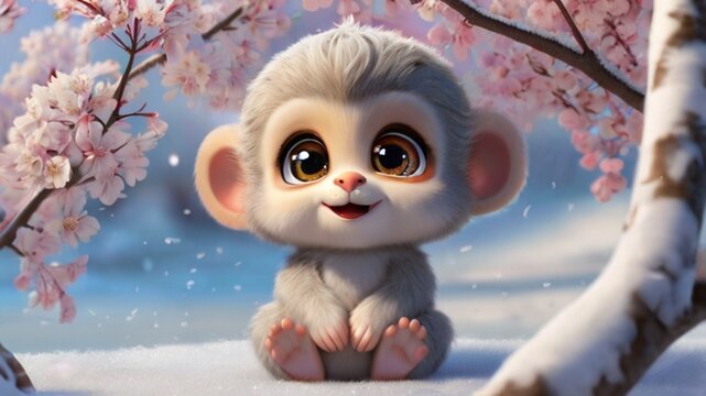 AI generates a realistic illustration of a 3d Mongkey In Cherry Blossom and Fine Snow
