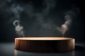 The empty wooden cylinder shape of product display Podium, Stand for showing or design blank backdrop dark abstract wall with smoke float up. Platform illuminated by spotlights