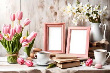 Easter breakfast still life. Blank picture frame mockup. Wooden bench, table composition with cup of coffee, old books. Spring bouquet of pink tulips, white daffodils. Hawthorn, guelder rose flowers