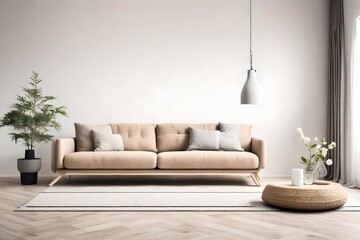 Modern scandinavian style interior with sofa and trendy vase, Home staging and minimalism concept, Minimal interior design
