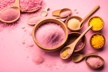 Wooden bowls with a spoons filled with pink and yellow bath sea salt. Beauty treatment for spa and wellness on pink background. Skincare natural cosmetic concept for body care