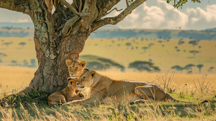 A serene moment captured in Maasai Mara, as an African lioness and her playful cub rest under the...