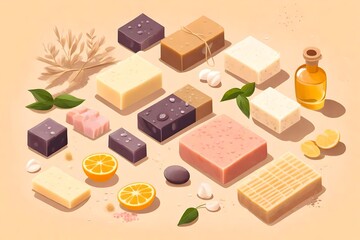 Natural soap bars with ingredients. Diy cosmetics products. Spa bath still life, isometric view