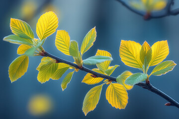 A branch with vibrant yellow leaves in the sunlight.