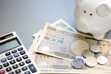 Real estate and finance concept with white piggy bank and Japanese money