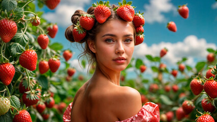 Beautiful woman on strawberry background