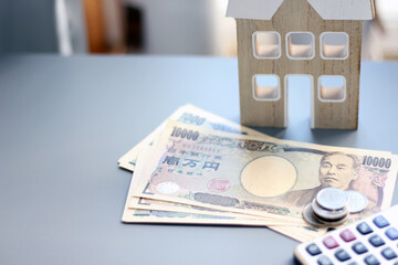 Real estate and finance concept with white piggy bank and Japanese money