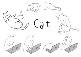 かわいい猫のイラストセット。モノクロ、線画。