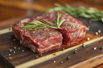 A wooden cutting board with two raw steaks on top. The steaks are seasoned with rosemary, salt, and pepper.