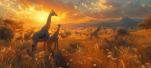 A silhouette of two giraffes standing close together in the African savanna at sunset. Created with Ai