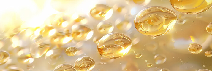 Golden yellow abstract oil bubbles or face serum background. Oil and water bubbles .golden yellow Bubbles oil or collagen serum for cosmetic product, banner poster