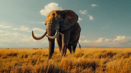 A regal elephant bull commanding attention as it traverses the rugged terrain of  Kenya, Africa, its massive tusks and dignified stride captured in mesmerizing 8k detail