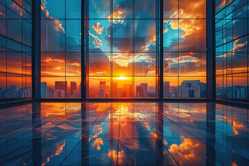 Beautiful sunset sky with clouds reflected in the glass windows of an office building, with city skyline visible outside. Created with Ai