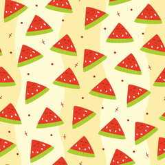 Seamless pattern of hand draw watermelon fruit with kawaii eyes on yellow background.Summer green,red, pink fruit backdrop. Vector illustration in flat doodle style. Cute simple design.