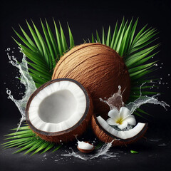 Fresh Coconut milk with leaves isolated on white background Ai generative.