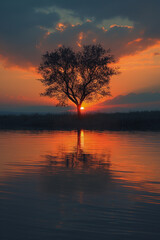 A single tree is silhouetted against a sunset, its reflection rippling in a body of water.