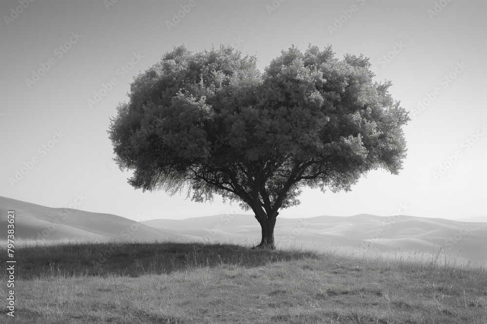 Poster a lone tree stands in a field of grass, with rolling hills in the background. the image is in black 