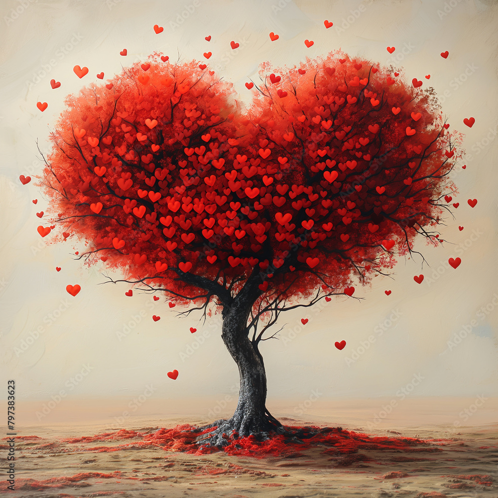 Poster a tree with a heart-shaped crown of branches, surrounded by smaller heart-shaped leaves. the backgro