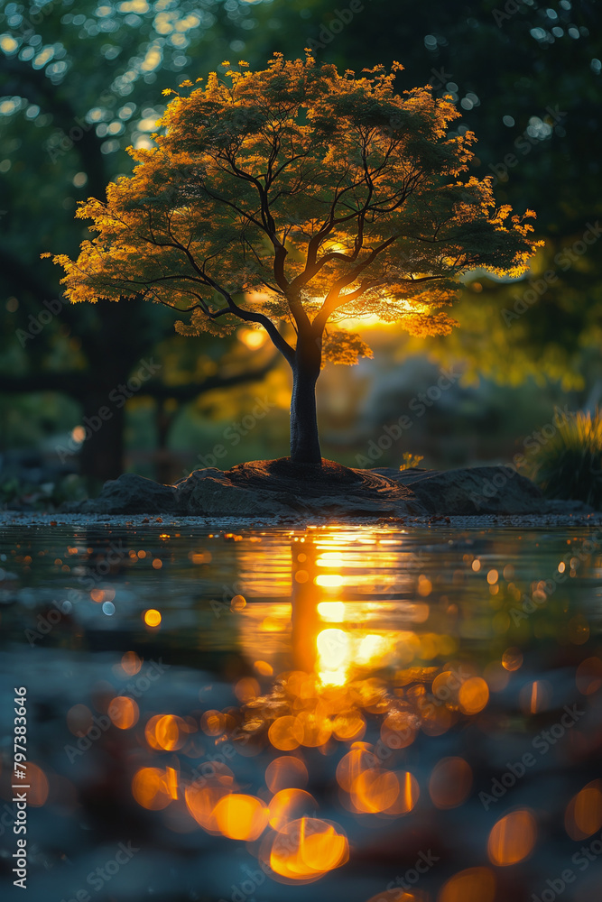 Poster a tree on a rock in a pond with the sun shining through it and the water sparkling in the light.