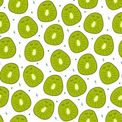 Seamless pattern of hand draw kiwi fruit with kawaii eyes on white background.Summer green fruit backdrop. Vector illustration in flat doodle style. Cute simple design.