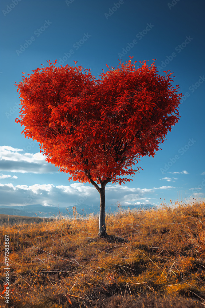 Poster a tree with red leaves in the shape of a heart.