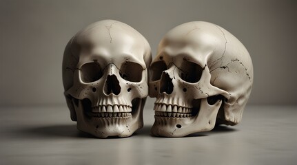 Two old skulls with cobweb on wooden table with black background.generative.ai