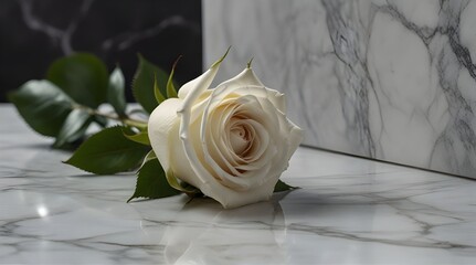 two white roses lying on a marble tombstone.generative.ai