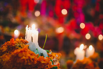Day of the Dead altar with paper and cardboard decorations