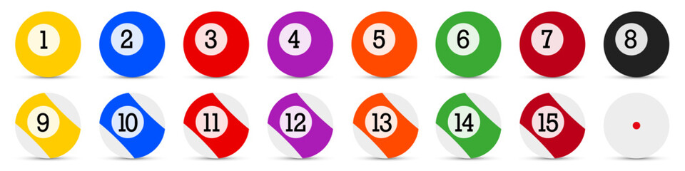 Billiard balls. A set of pool balls with the numbers 1 through 15. Flat vector illustration isolated on white background.