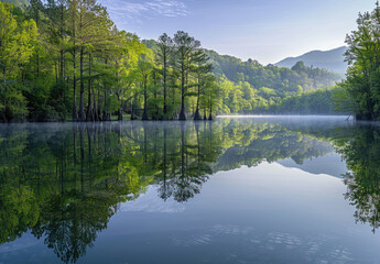 Beautiful trees reflected in the lake, with a calm water surface. Fog sits atop the forest on this sunny day, with a blue sky and white clouds. Green mountains provide a background for the lake