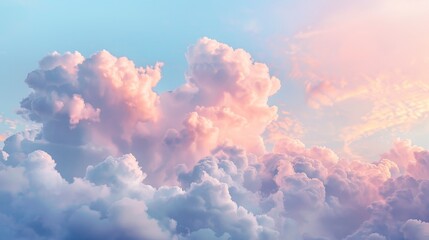 Fluffy clouds tinged with soft pinks and blues evoke a serene cotton candy dreamscape in the tranquil sky.