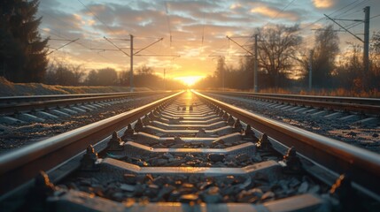 The train tracks are empty and the sun is setting