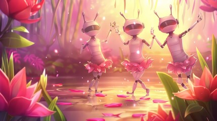 three pink robots dancing in a pond surrounded by flowers