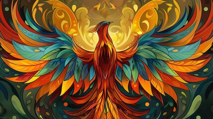 A highly detailed and colorful illustration of a phoenix rising from the ashes with a beautiful intricate mandala in the background.