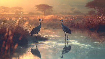 A pair of elegant cranes wading through the shallow waters of a Maasai Mara National Reserve river, their graceful movements and distinctive calls captured in mesmerizing 8k detail, - obrazy, fototapety, plakaty