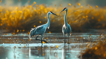 A pair of elegant cranes wading through the shallow waters of a Maasai Mara National Reserve river, their graceful movements and distinctive calls captured in mesmerizing 8k detail, 